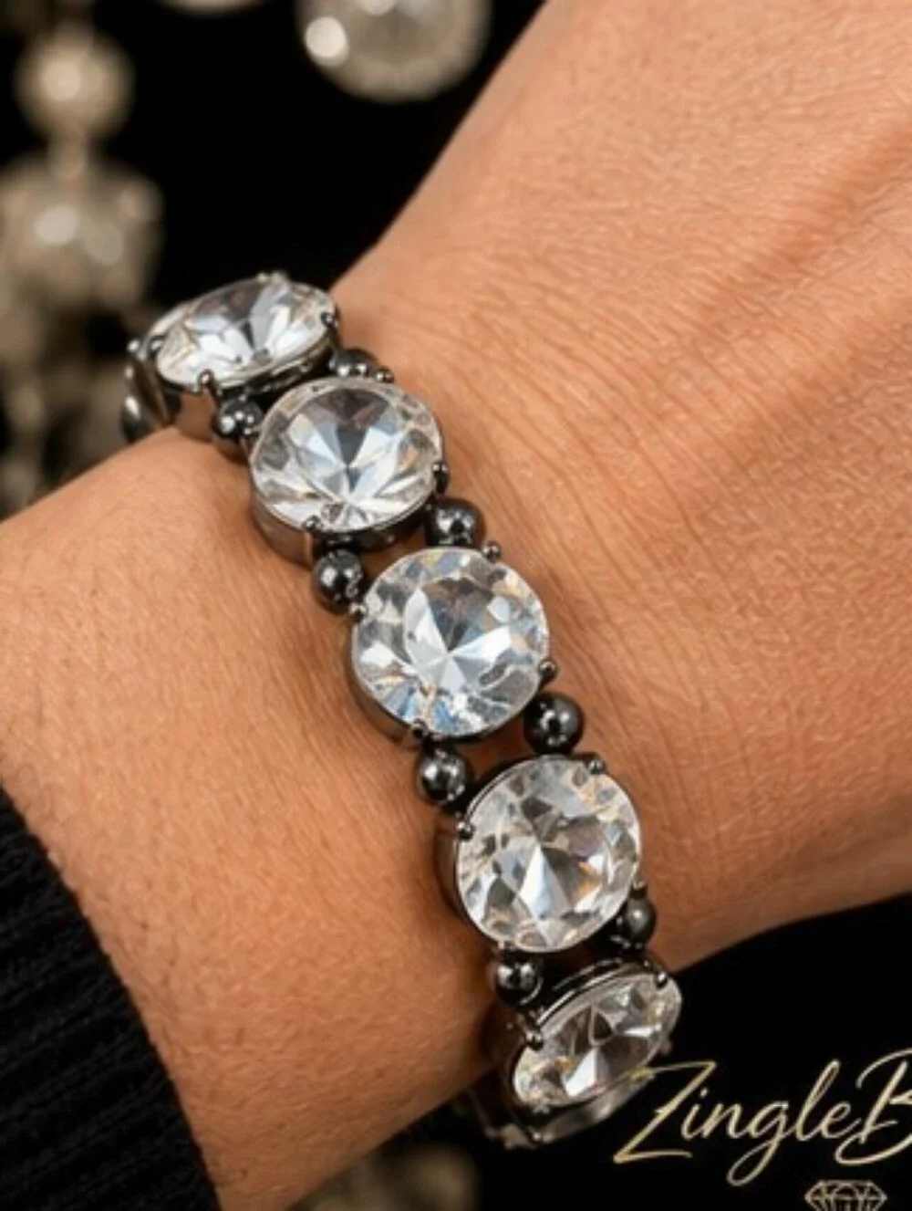 Statement Clear Glass Rhinestone Stretch Bracelet Gunmetal Sparkle